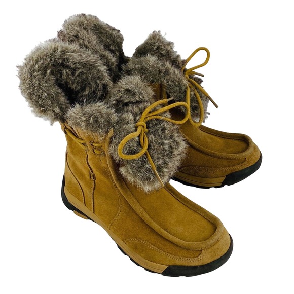 Womens 7B Land's End Winter‎ Ankle Boots Tan Suede Leather Faux Fur Moc Toe - Picture 1 of 9